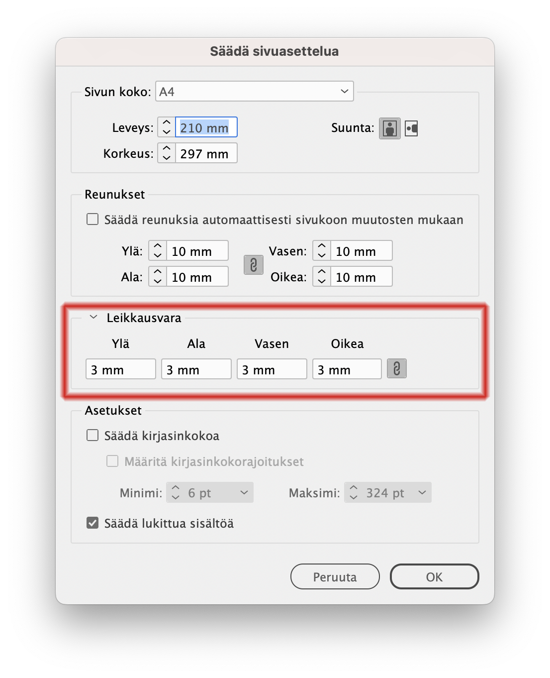 Leikkuuvarojen lisääminen olemassa olevaan InDesign-dokumenttiin
