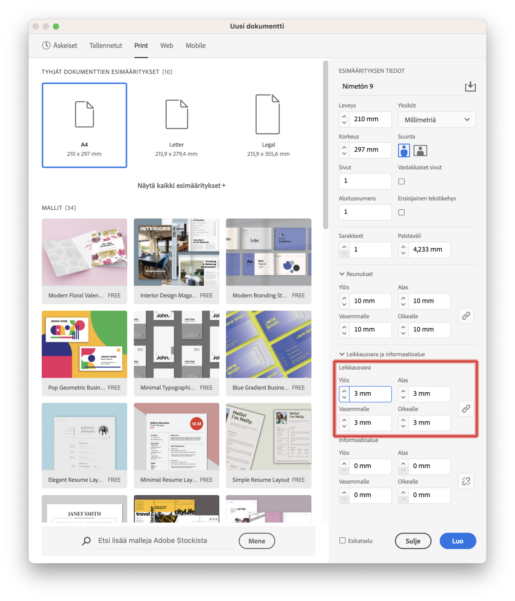 Leikkuuvarojen asettaminen uuteen InDesign-dokumenttiin