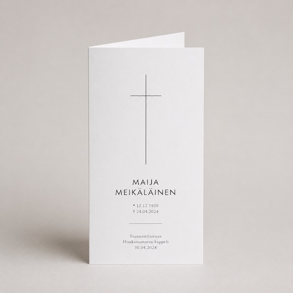 Hautajaisohjelma 105×210 mm – kapea taitettu Hautajaisohjelma 105×210 mm taitettu (4-sivuinen) painettuna – arvokas muistotilaisuusmateriaali | aDigi Painotalo Helsinki