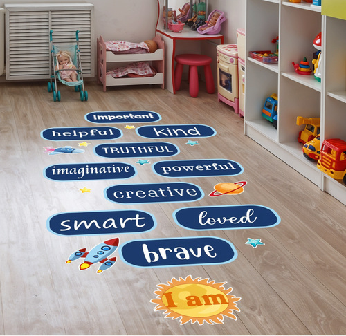 PVC film A floor sticker in a children's room designed to look like a hole in the ground with a view of mountains from the sky