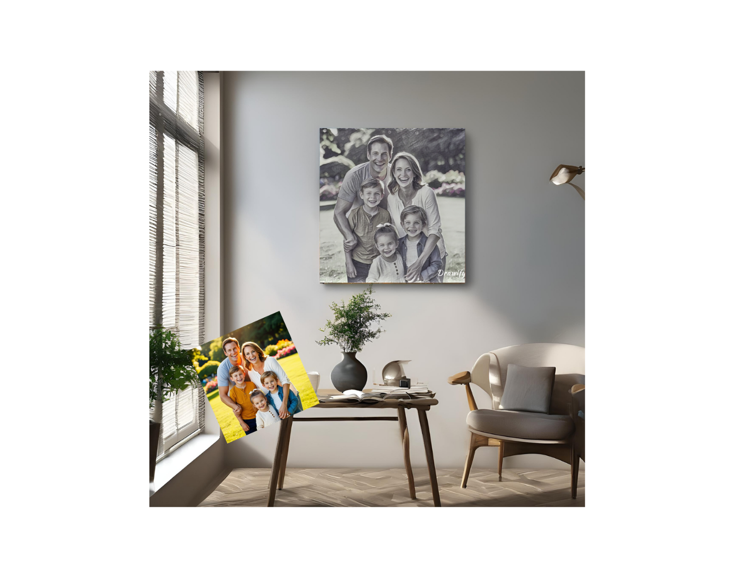 Kişiye özel karakalem tasarımıyla hazırlanmış bir çift portresi kanvas tablo