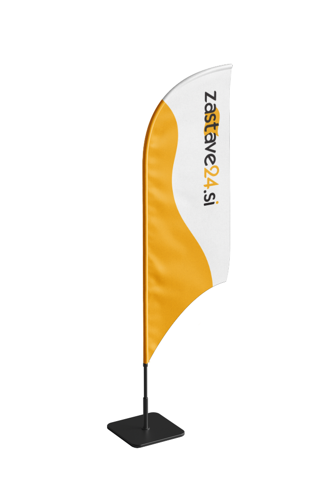 beachflag zastava z logotipom v obliki konkavnega jadra velik 410 cm