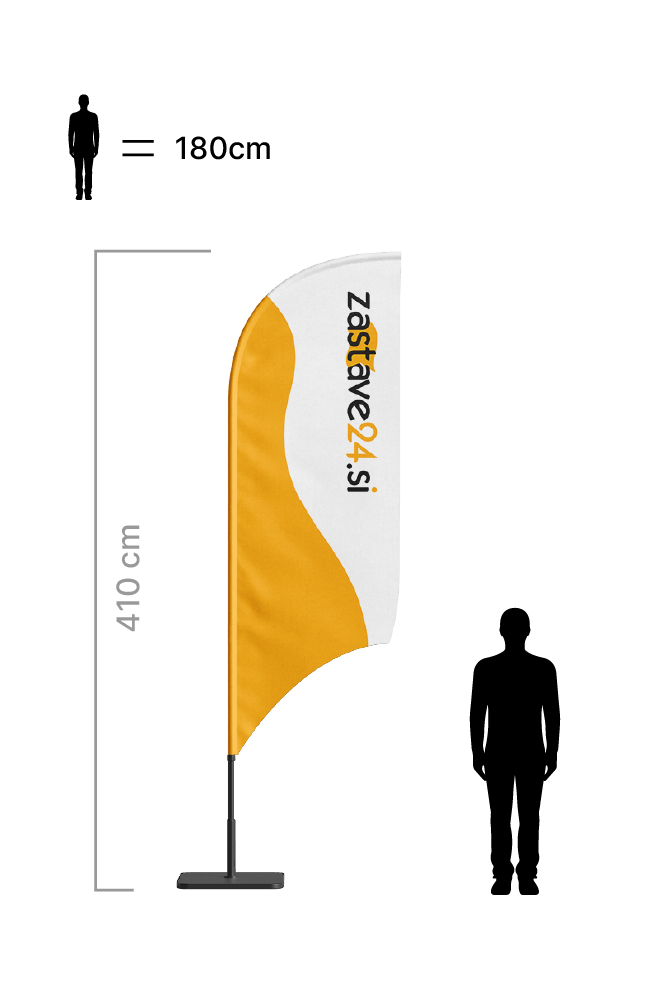beachflag zastava z logotipom v obliki konkavnega jadra velik 410 cm