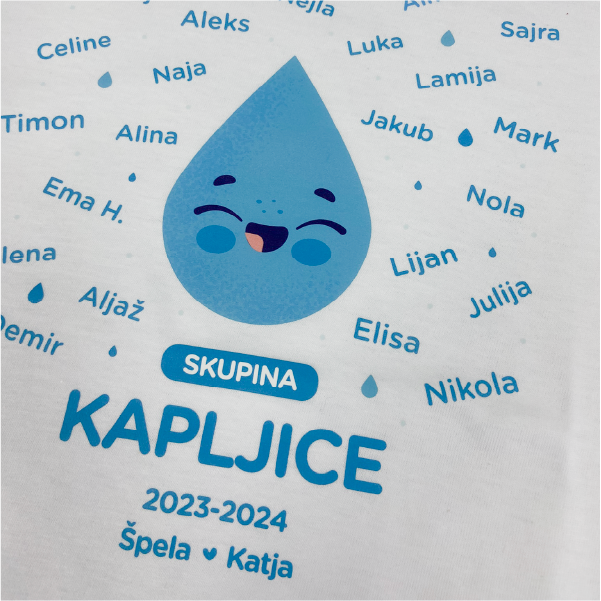 Detajl tiska otroške majice, seznam razrednih imen