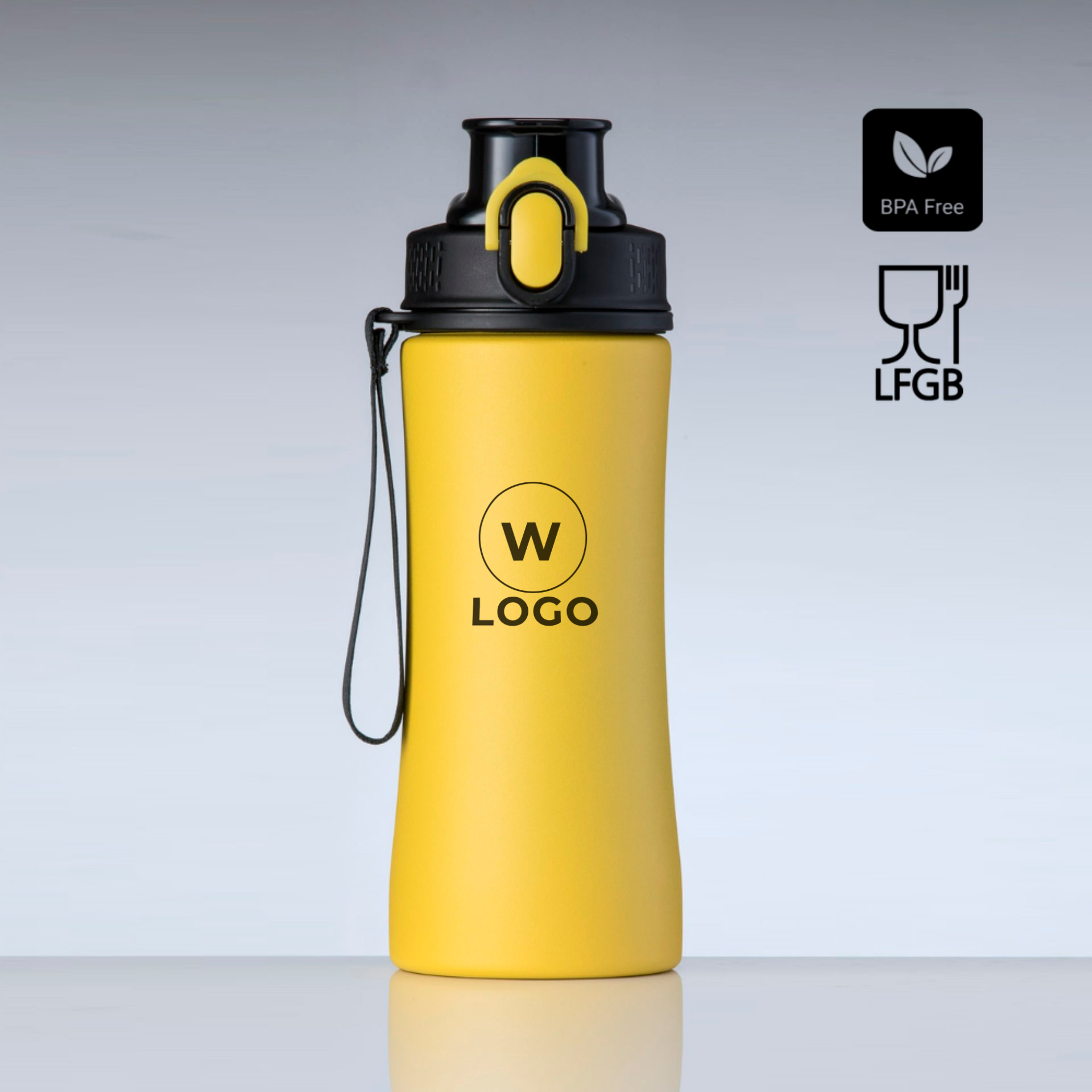 Geltona kokybiška gertuvė su logotipu