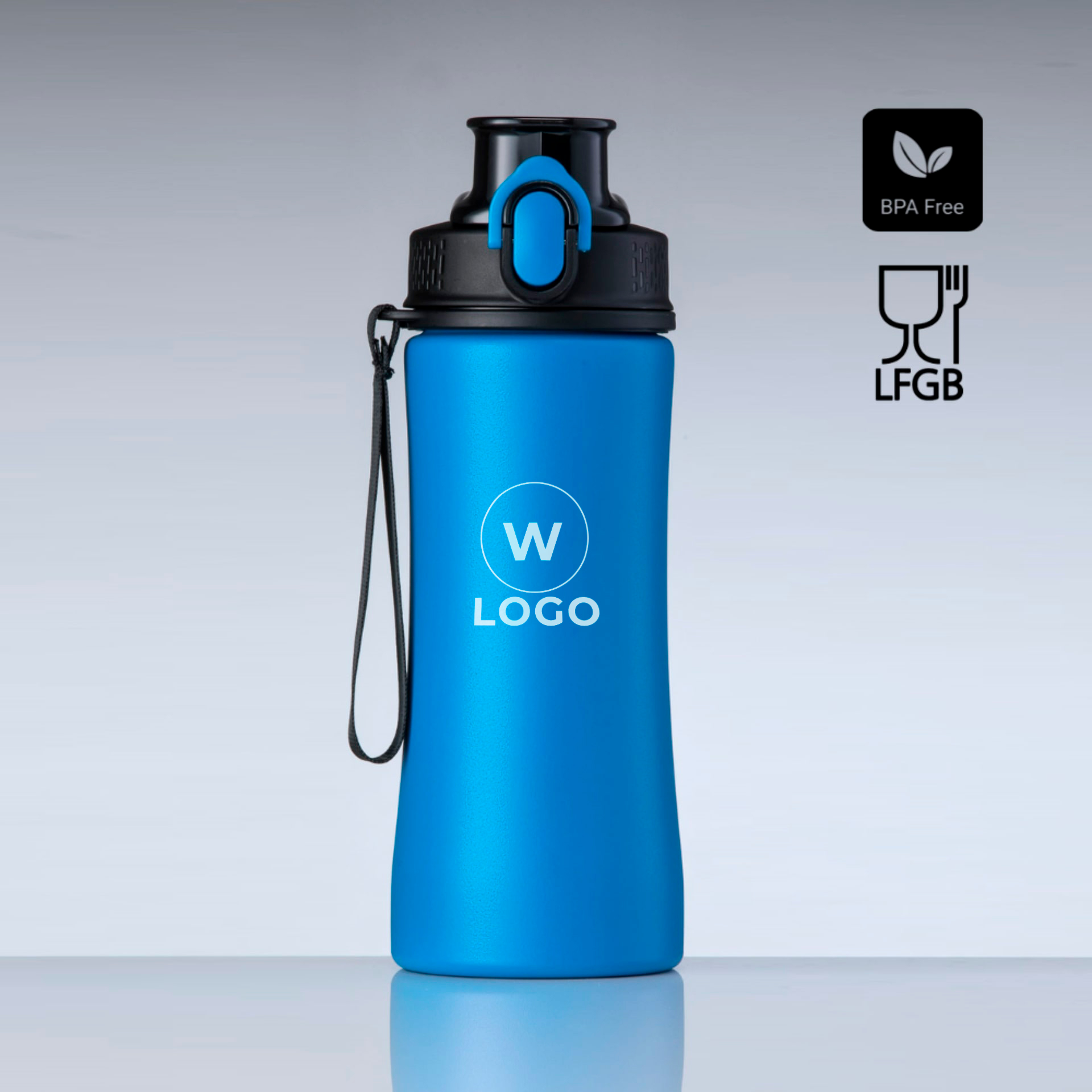 Šviesiai mėlyna kokybiška gertuvė su logotipu