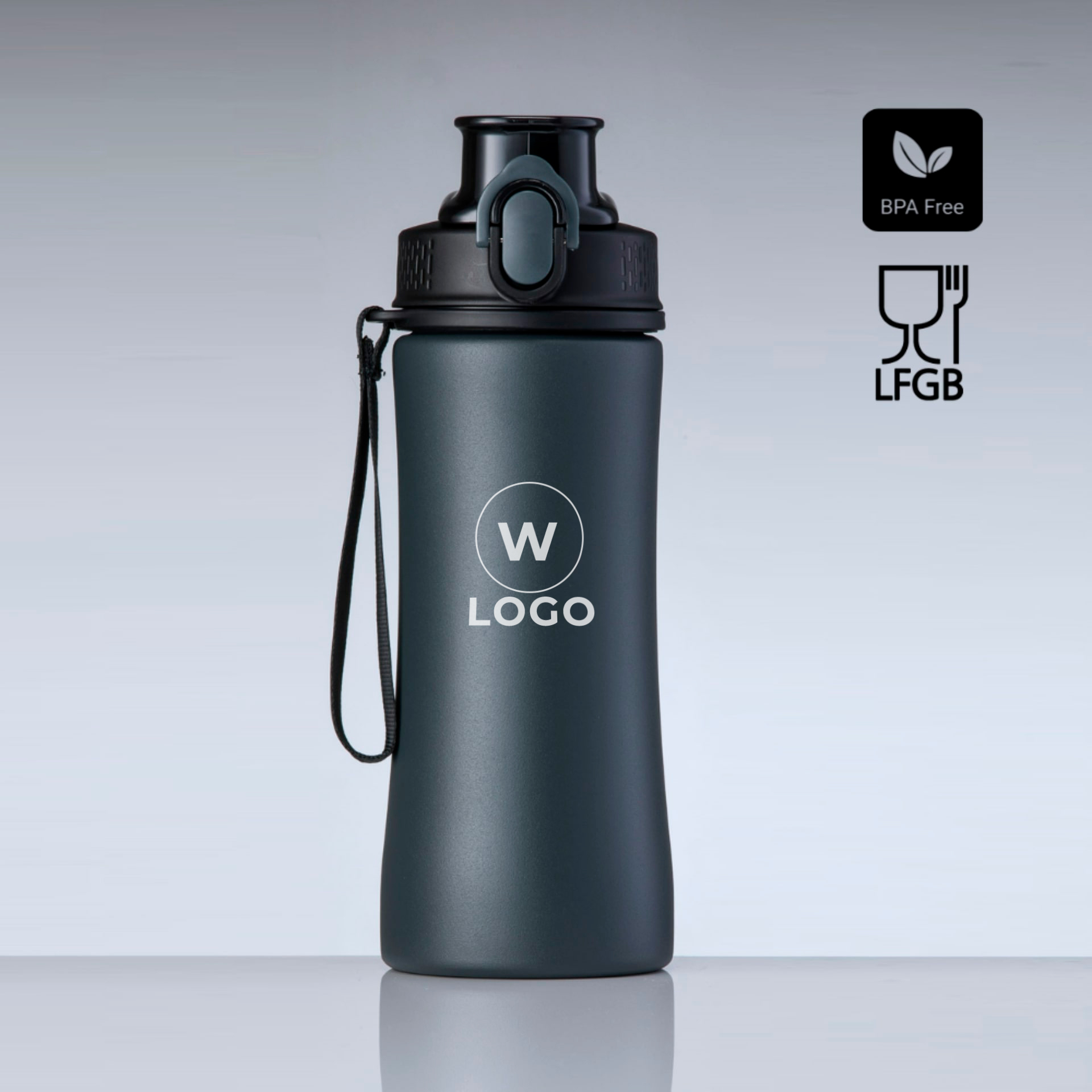 Tamsiai pilka kokybiška gertuvė su logotipu