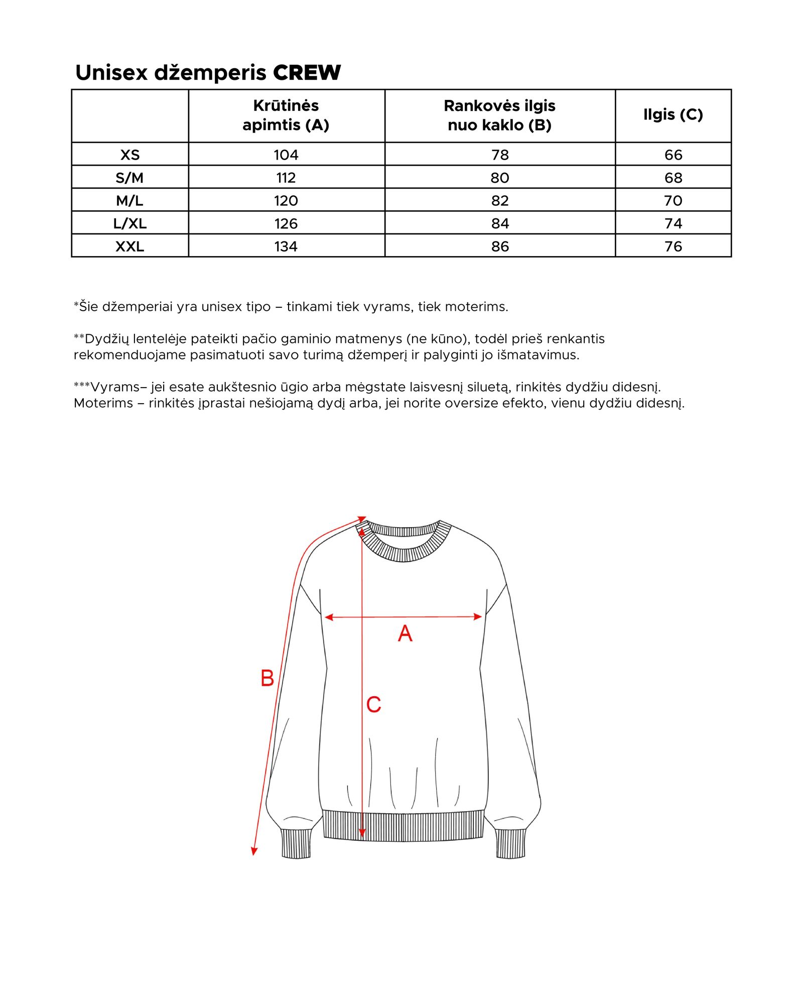 Džemperis be gobtuvo_dydžių lentelė