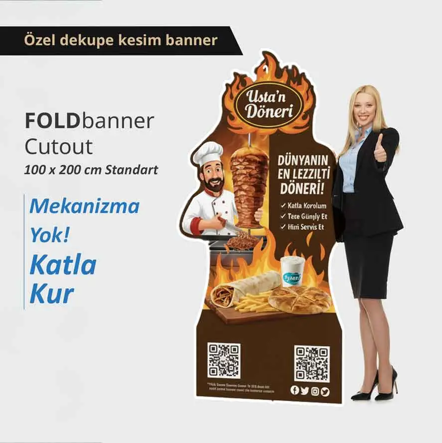 Özel dekupe kesim display FOLDbanner Cutout ürün tanıtım standı. Katlanabilir pratik taşınabilir reklam ve tanıtım standı