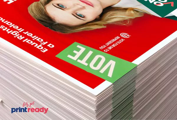 Stack of printed election posters ready to ship