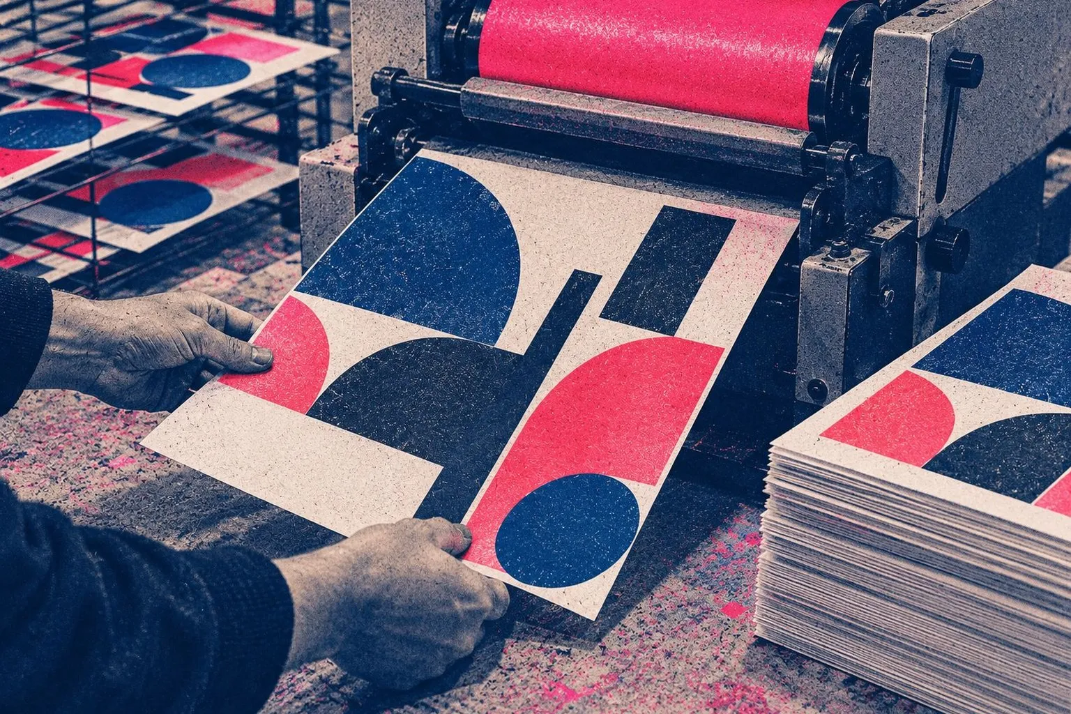A folded brochure with abstract blue and red shapes beside paper swatches and a colour proof on a print-design bench