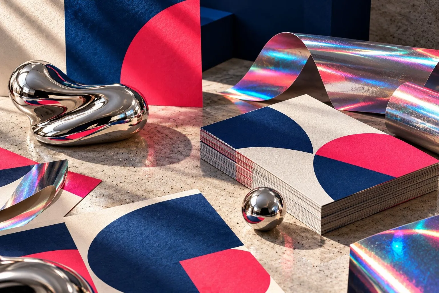 Printed samples showing tactile paper, bold colour and simple typography