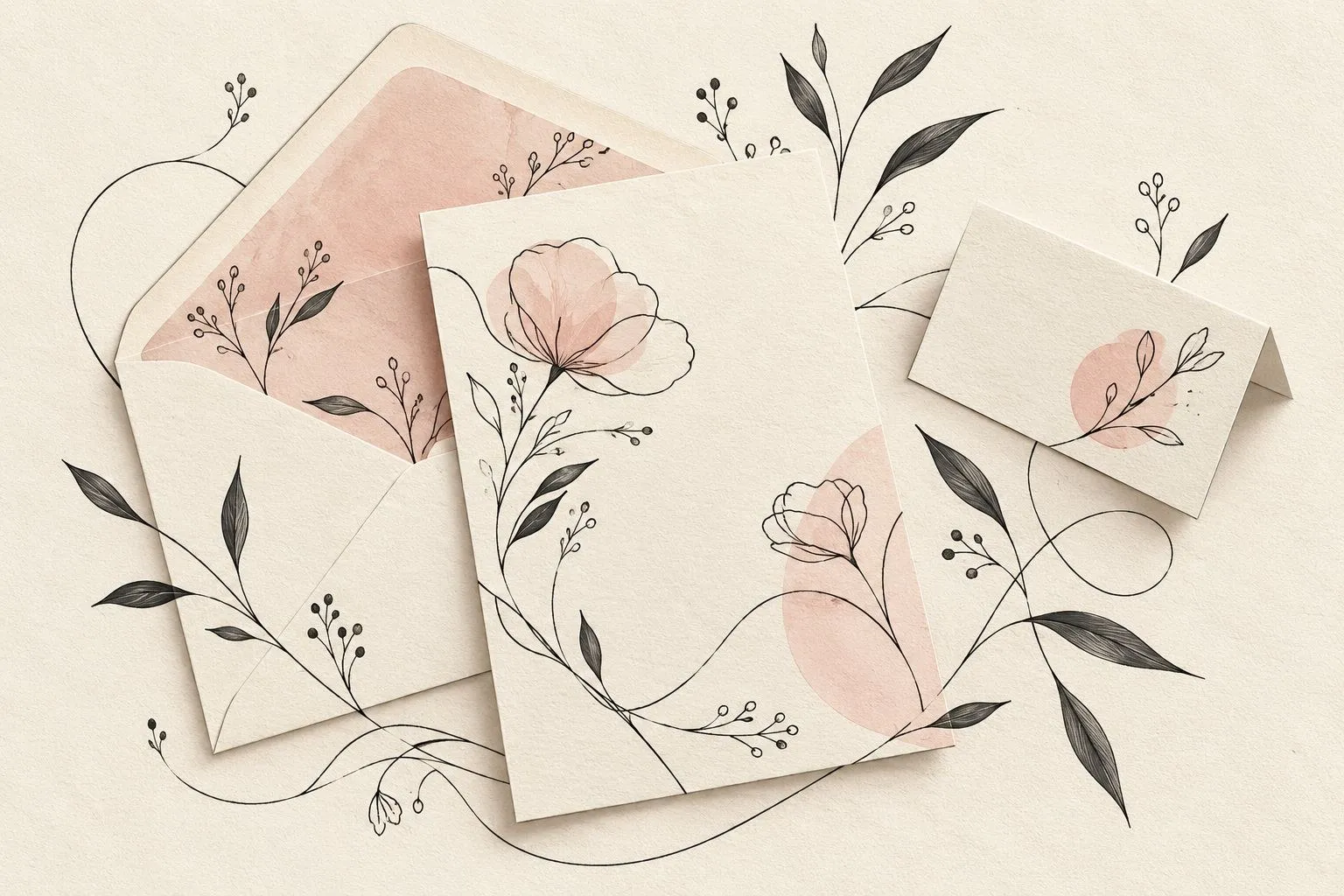 Wedding invitations, place cards and a menu laid out on a table