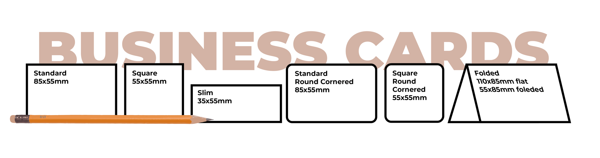 Business card size and format options: standard, square, slim, round cornered and folded