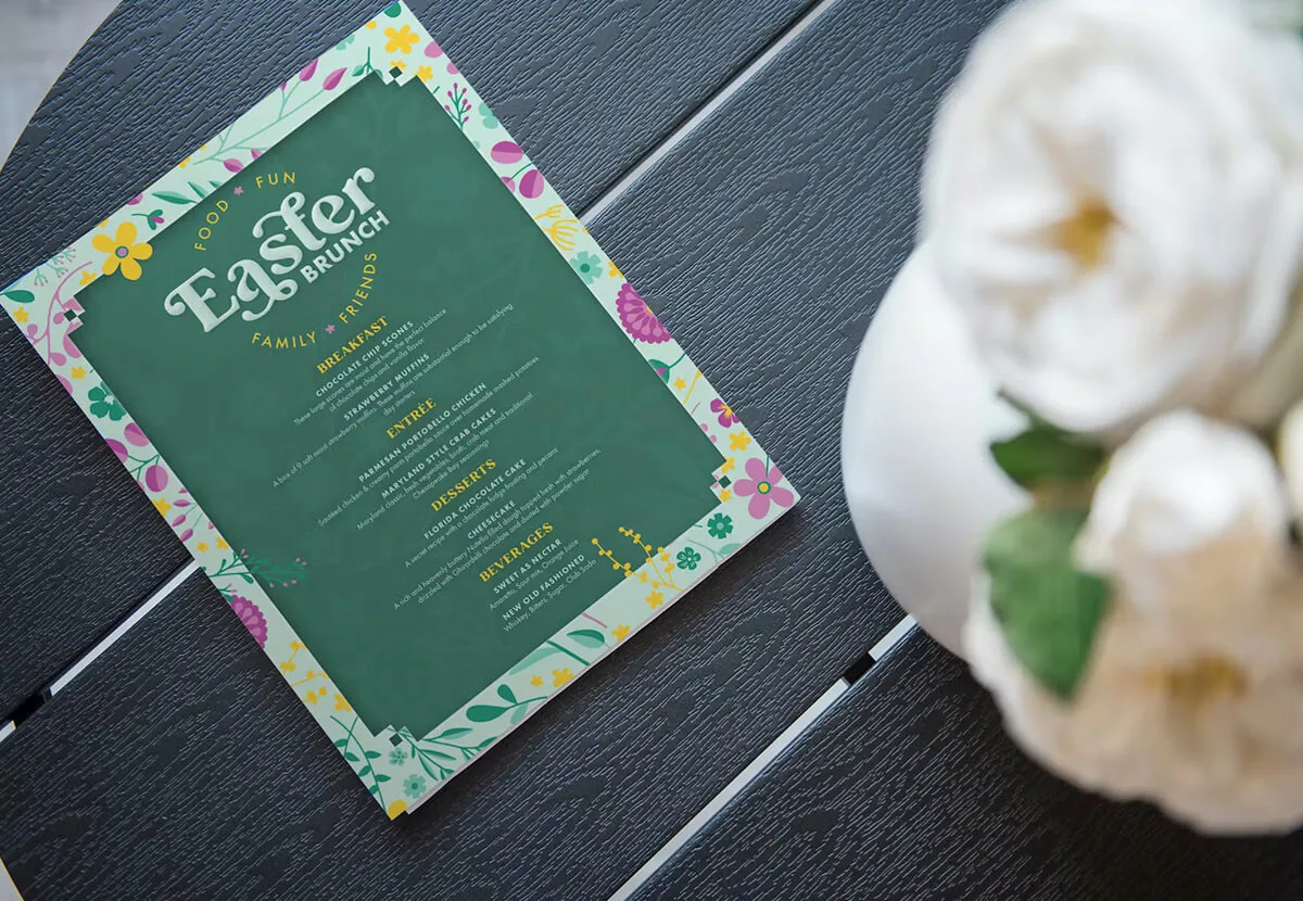Printed Easter brunch menu on a cafe table