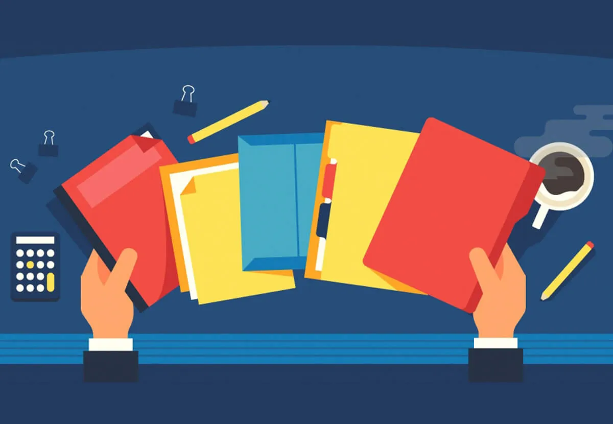 Illustration of hands comparing different coloured paper stocks on a desk