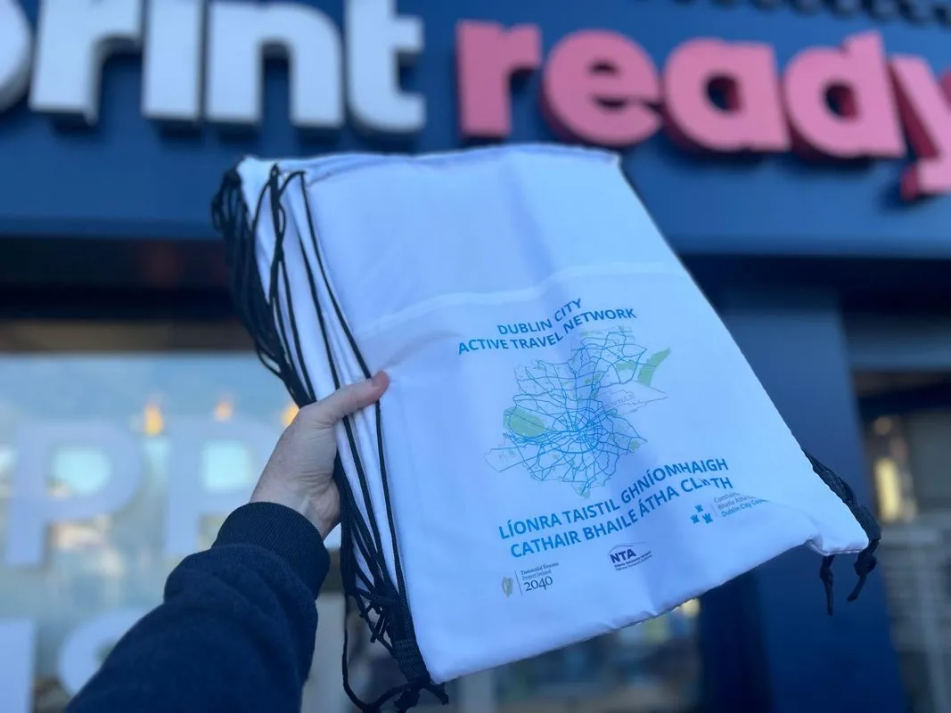 Printed drawstring bag for Dublin City Council active travel network - Print Ready
