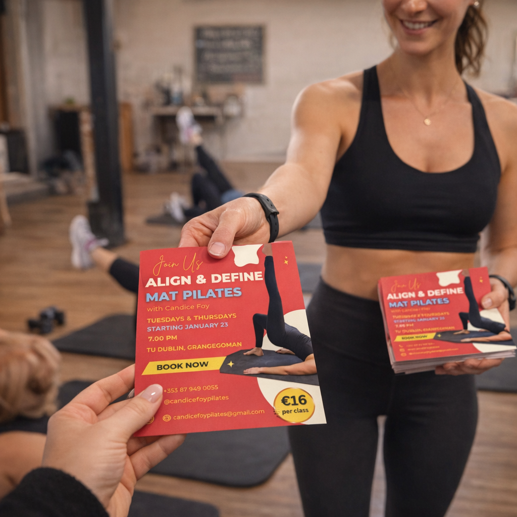 Printed fitness class flyers being handed out at a Pilates studio