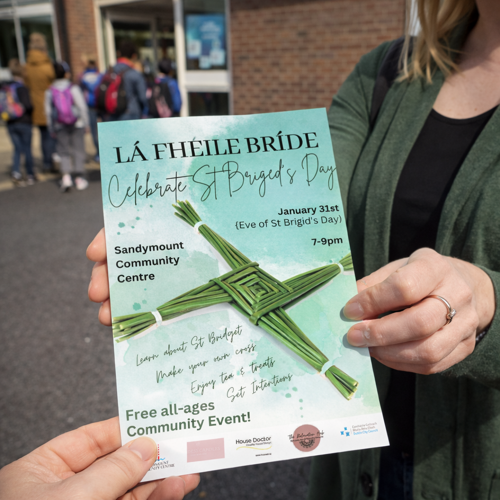 Person holding a printed St Brigid's Day community event leaflet