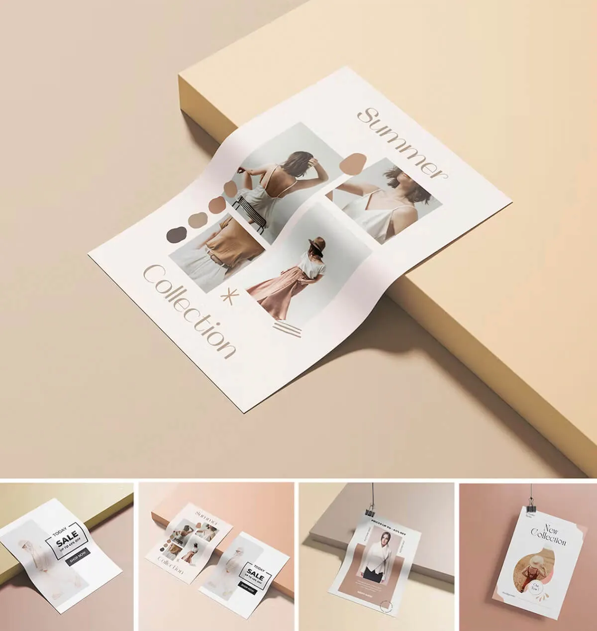 Printed collection brochure on a beige background