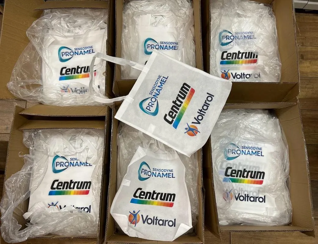 Custom printed colour tote bags packed in boxes for Sensodyne and Centrum - Print Ready