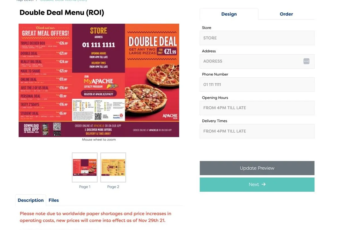Apache Pizza online ordering portal, Double Deal Menu