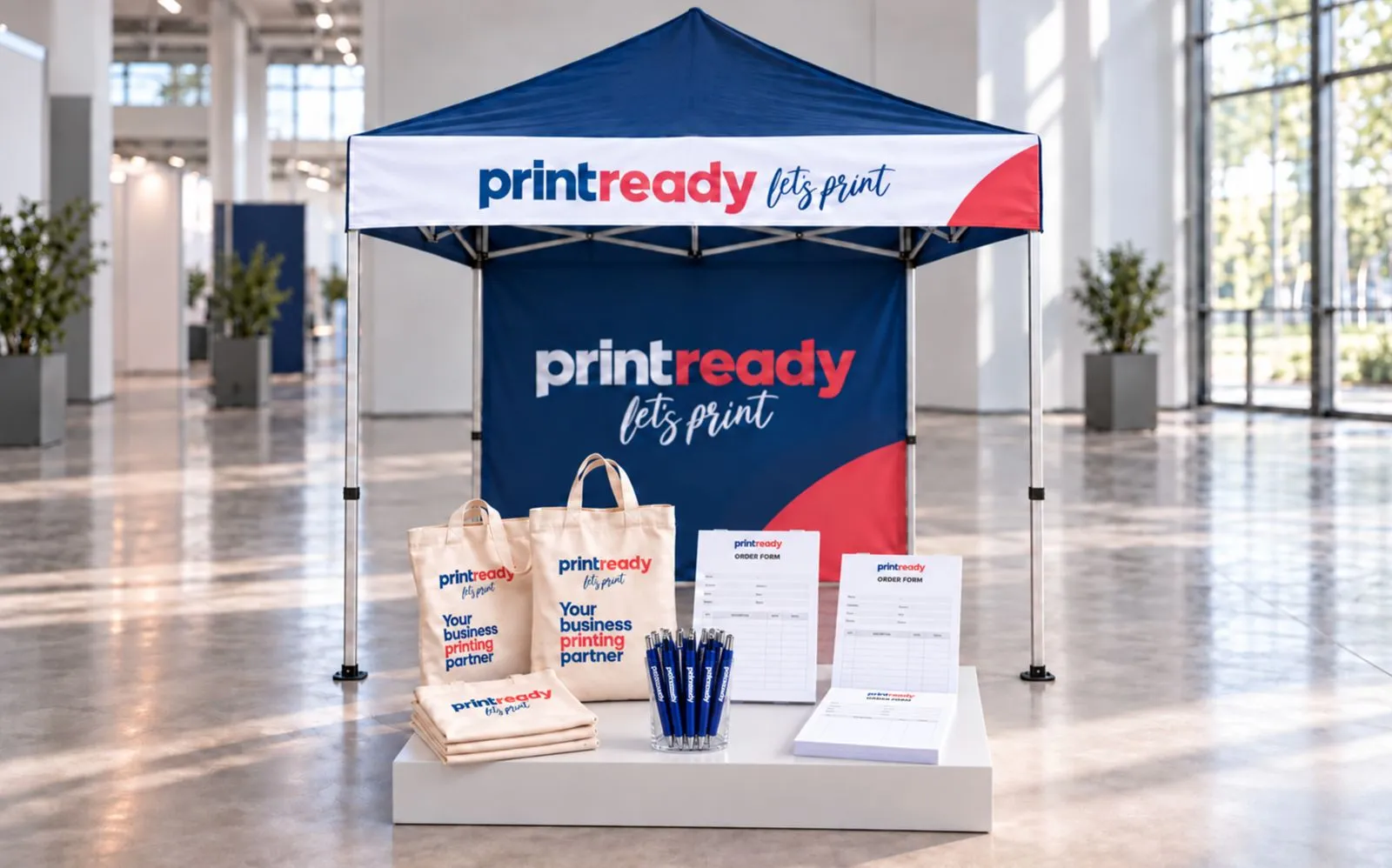 Exhibition Pack: Pull-up banner, tablecloth, totes, pens and desk pads