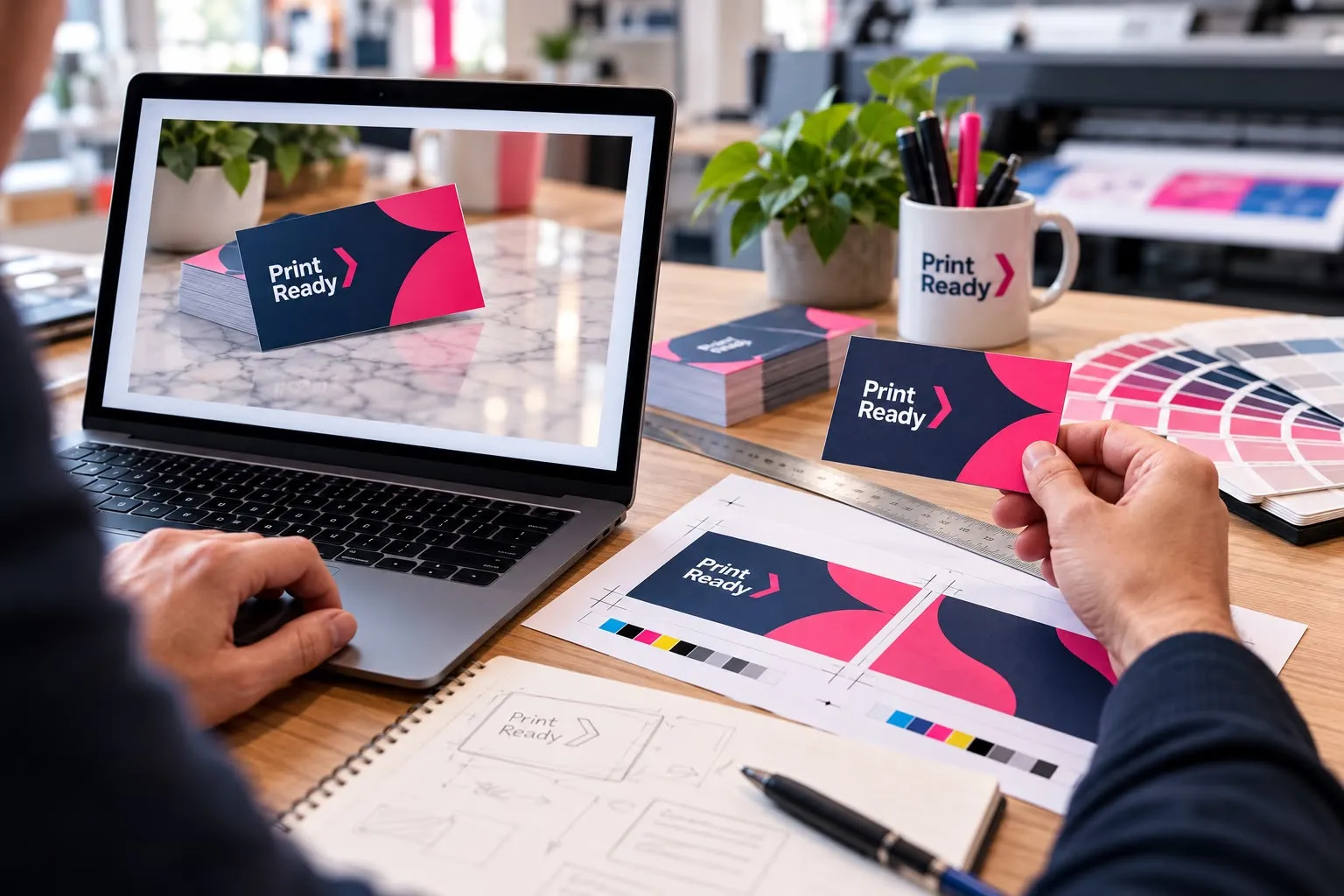 A laptop showing a business card mockup beside a printed Print Ready business card, colour swatches and print proofs on a desk