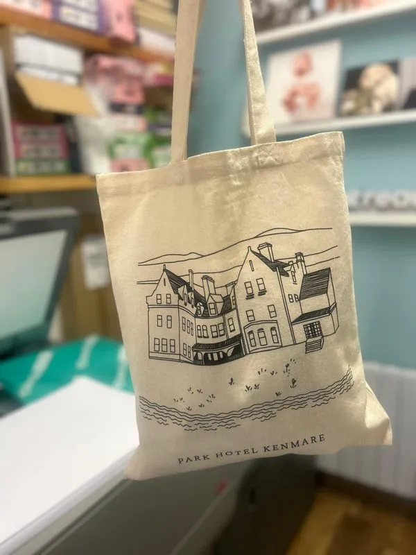 Natural cotton tote bag with a black illustrated hotel print for Park Hotel Kenmare - Print Ready