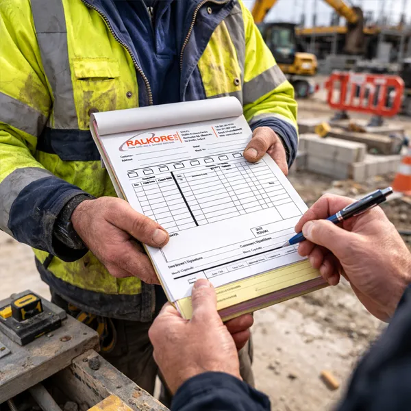 Builders completing a printed docket book on a construction site