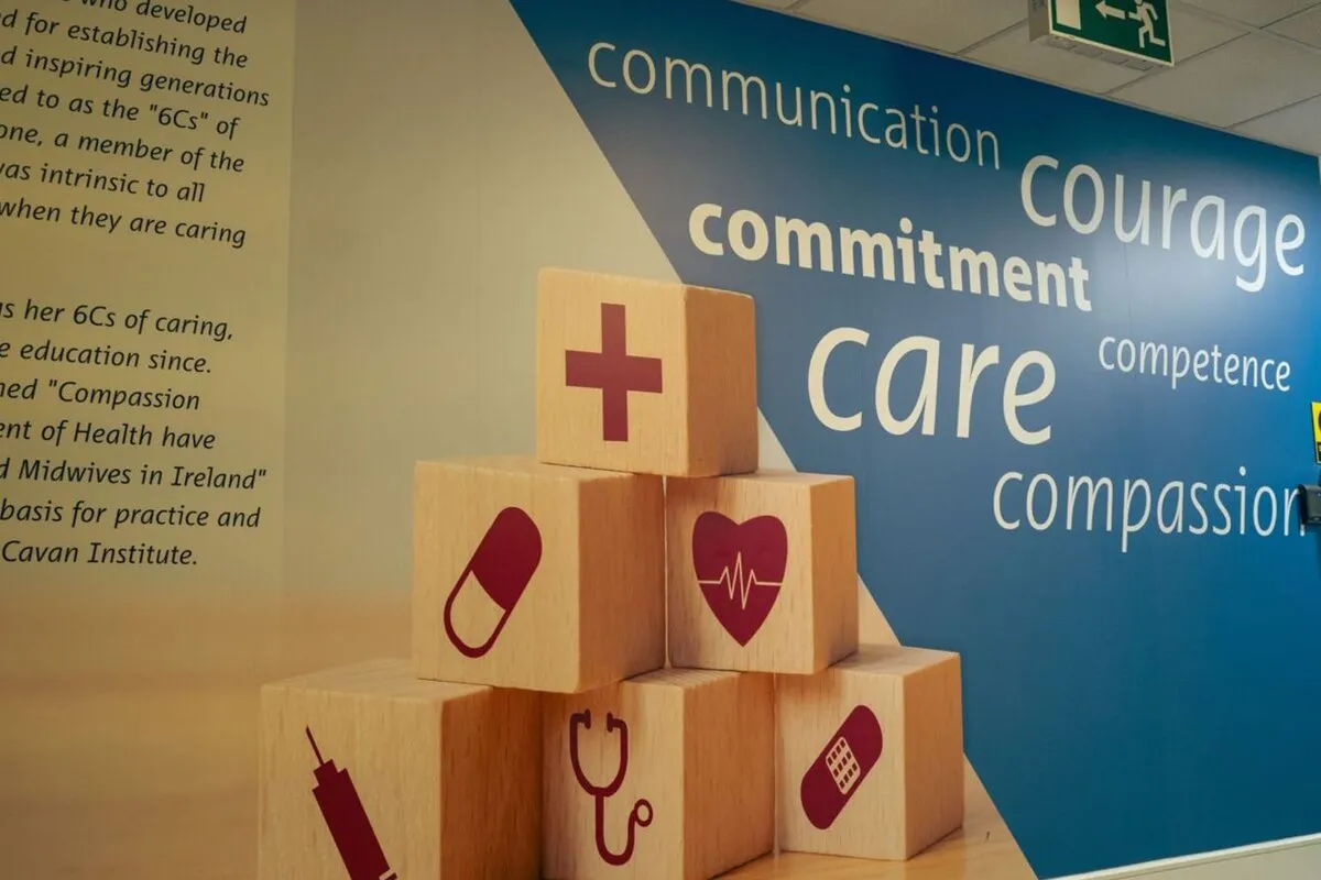 Cavan Institute 6Cs of caring wall graphic with wooden blocks, printed by Print Ready