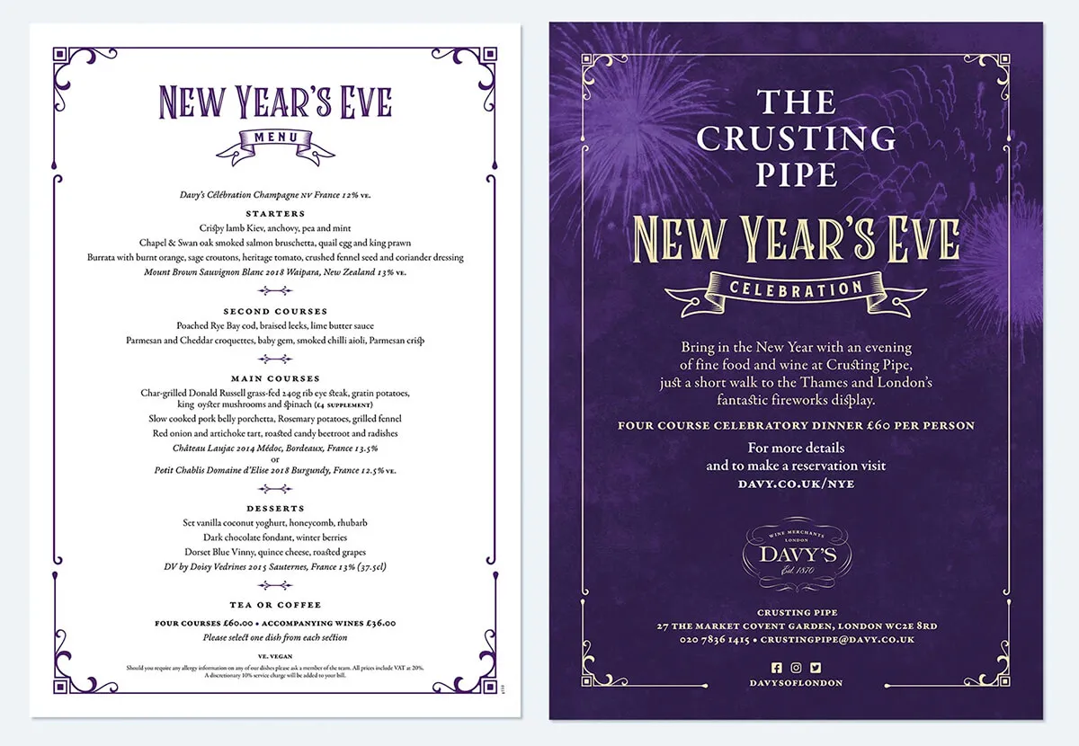 Printed New Years Eve menus