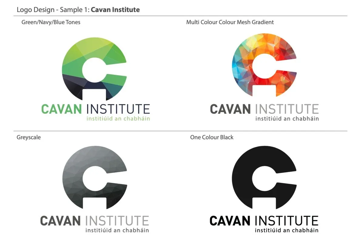 Cavan Institute logo design samples in colour, mesh gradient, greyscale and black