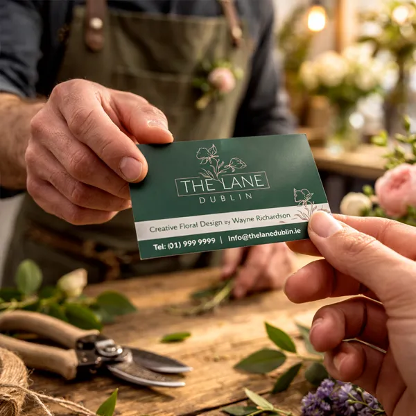 Hand passing a printed florist business card to a customer