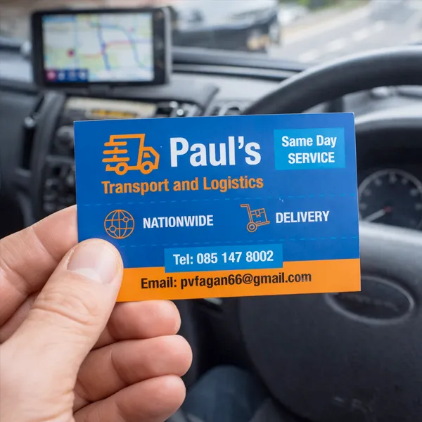 Hand holding a printed local transport company business card inside a work van