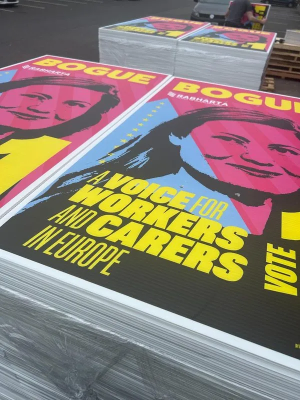 Stack of election posters printed on corriboard for Lorna Bogue - Print Ready