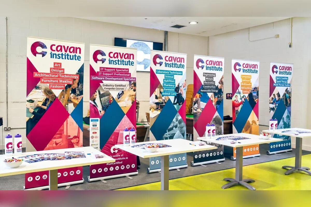 Cavan Institute pull-up banner line-up at a college event, printed by Print Ready