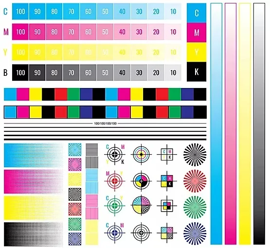 A CMYK colour test chart with colour bars, tint ramps and registration marks