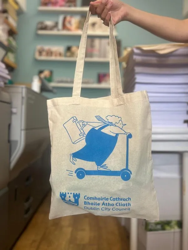 Cotton tote bag with a blue scooter illustration for Dublin City Council active travel week - Print Ready