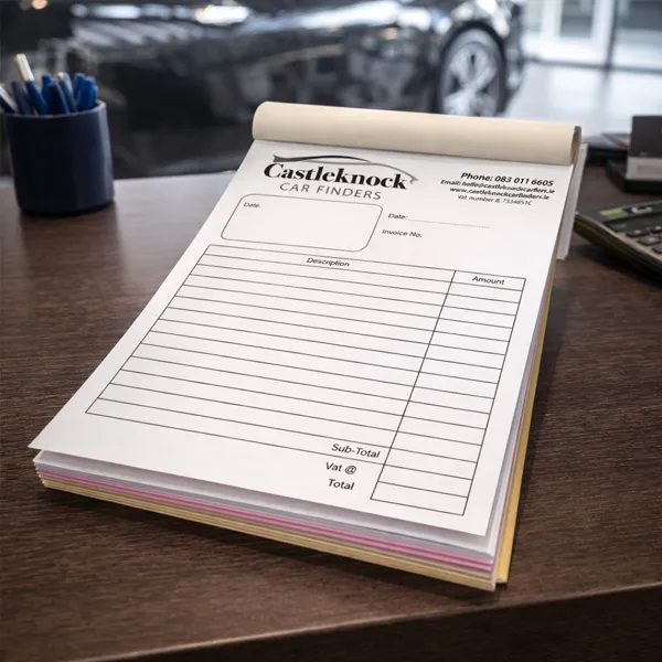 Printed Castleknock Car Finders docket book on a desk