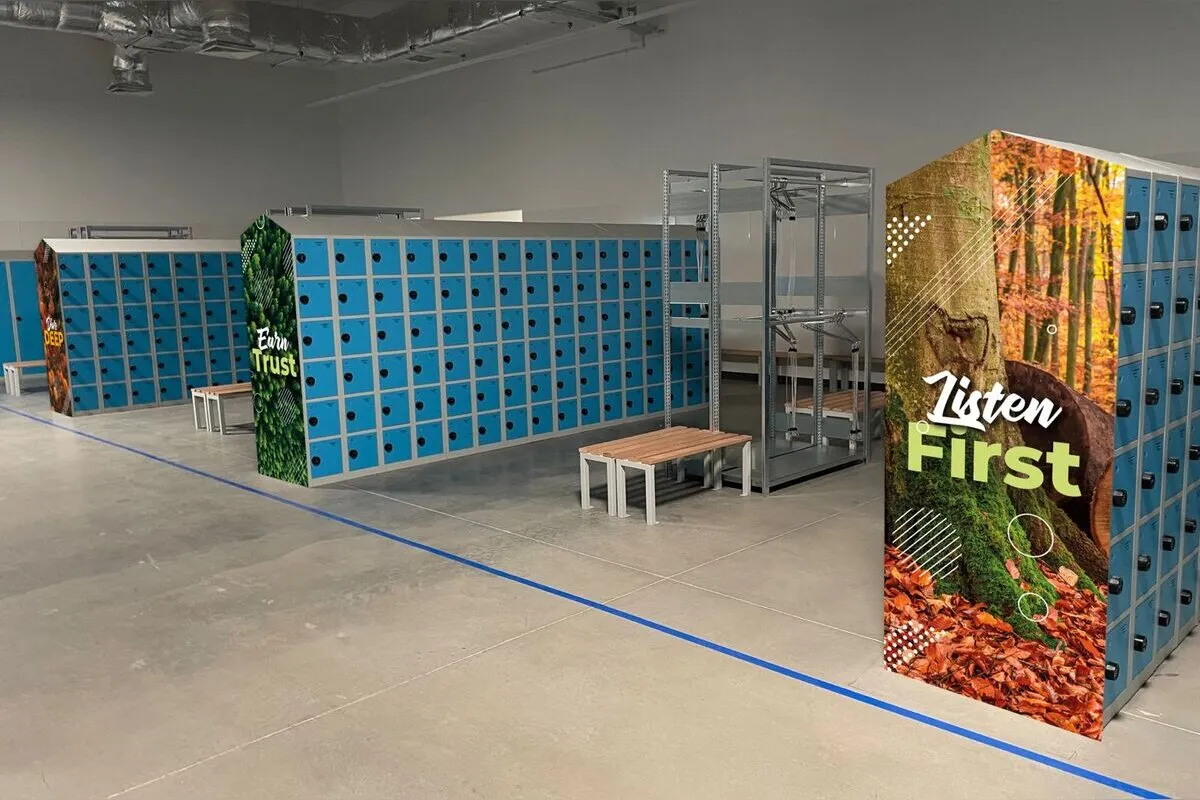 Fulfilment centre lockers with printed forest wraps