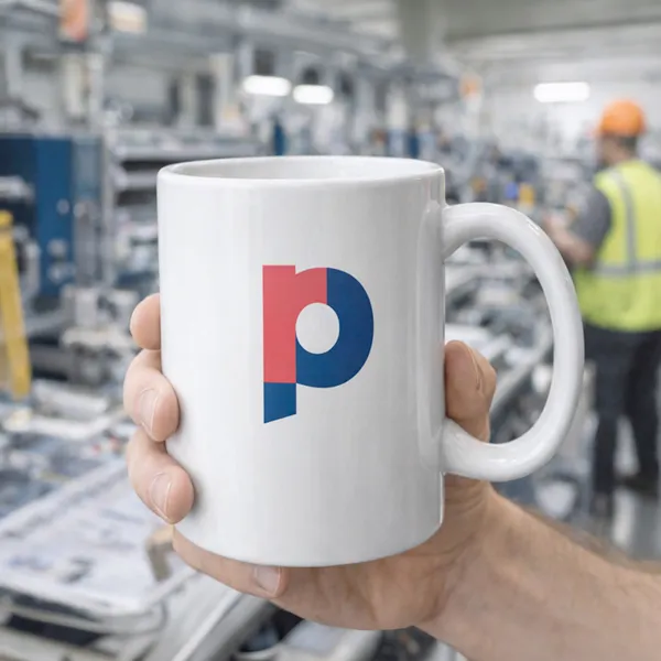 Custom printed logo mug held in a workshop