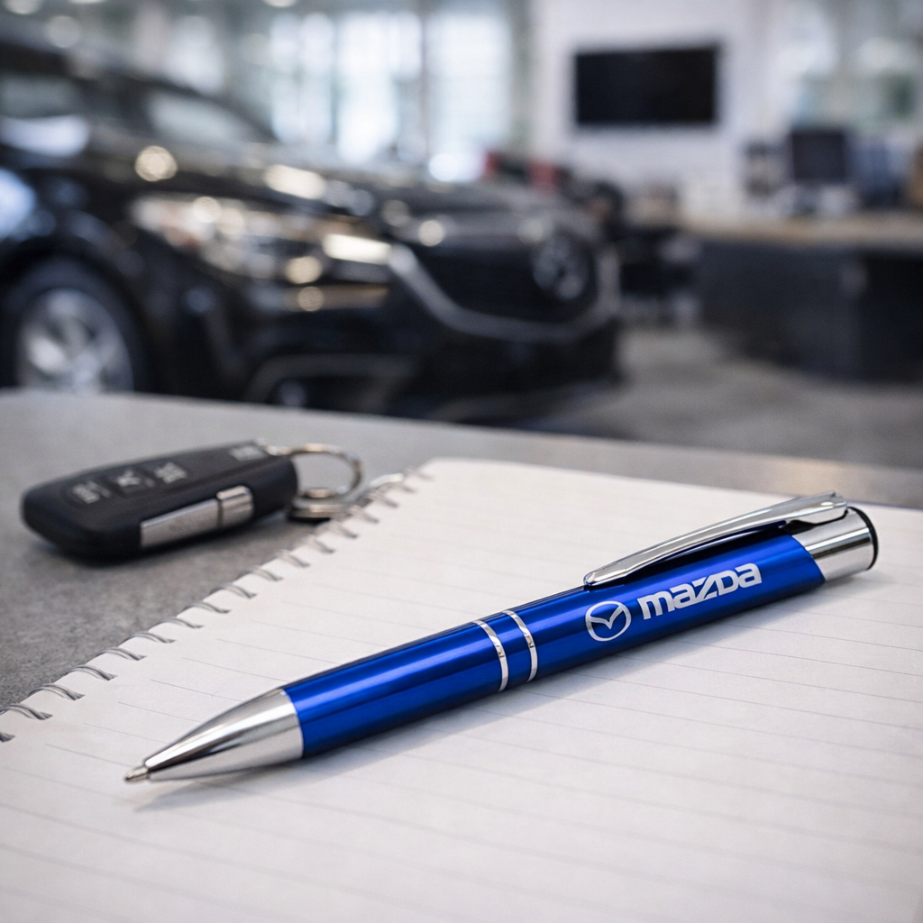 Branded ballpoint pen on a desk notepad