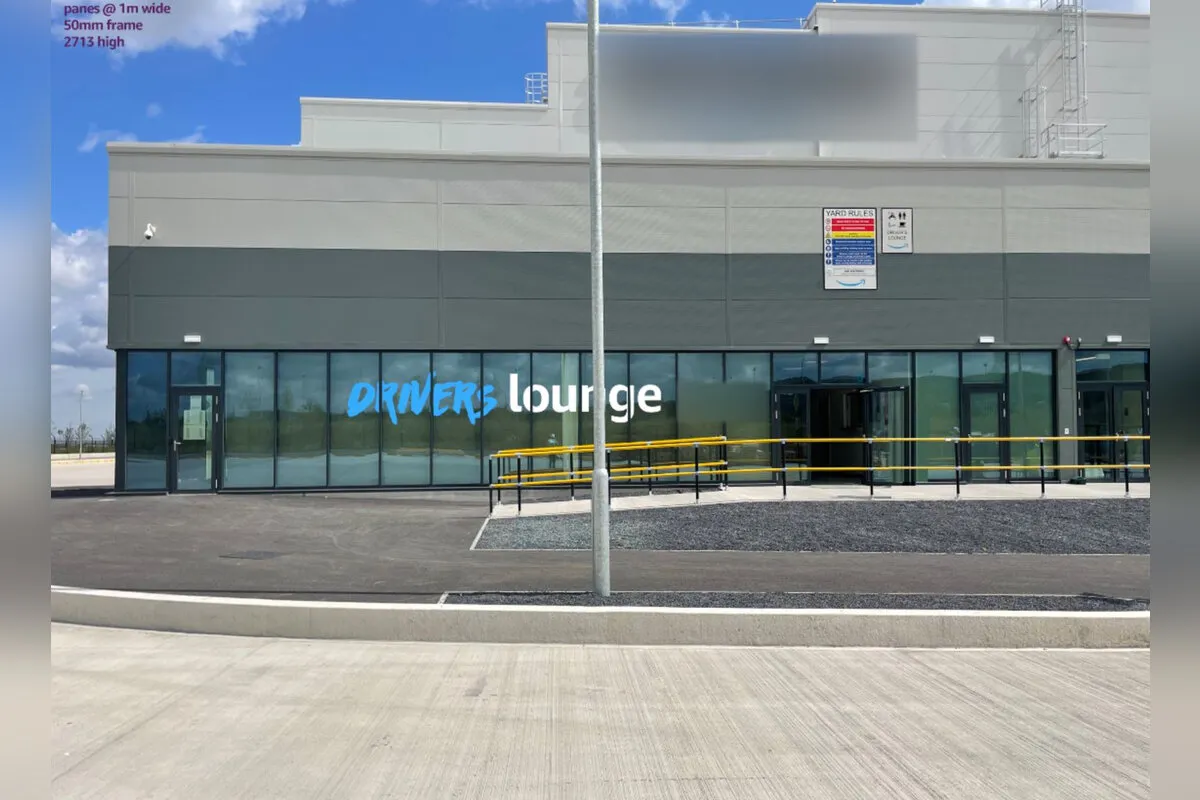 Fulfilment centre drivers lounge exterior with window graphics