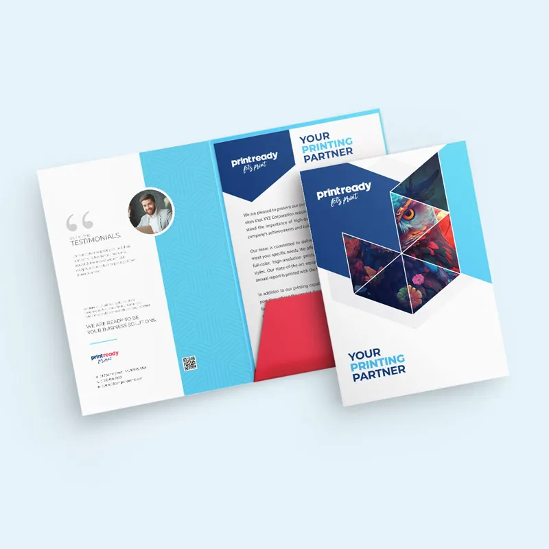 Open presentation folder holding a printed letter and business card