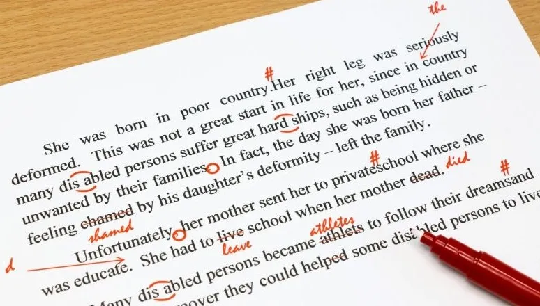 A printed proof page marked up with red proofreading corrections and a red pen