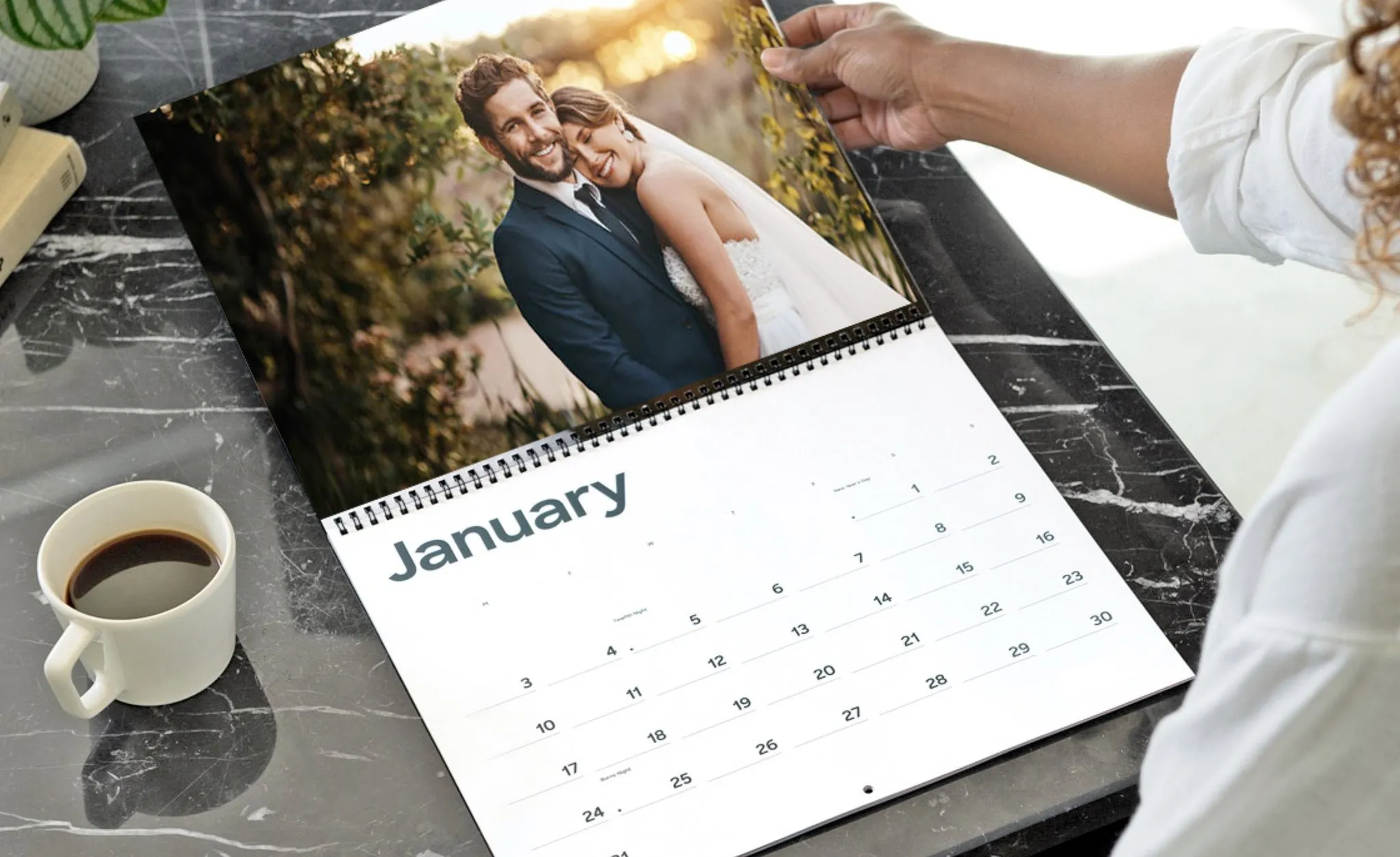 Personalised desk calendar with a wedding photo, printed by Print Ready