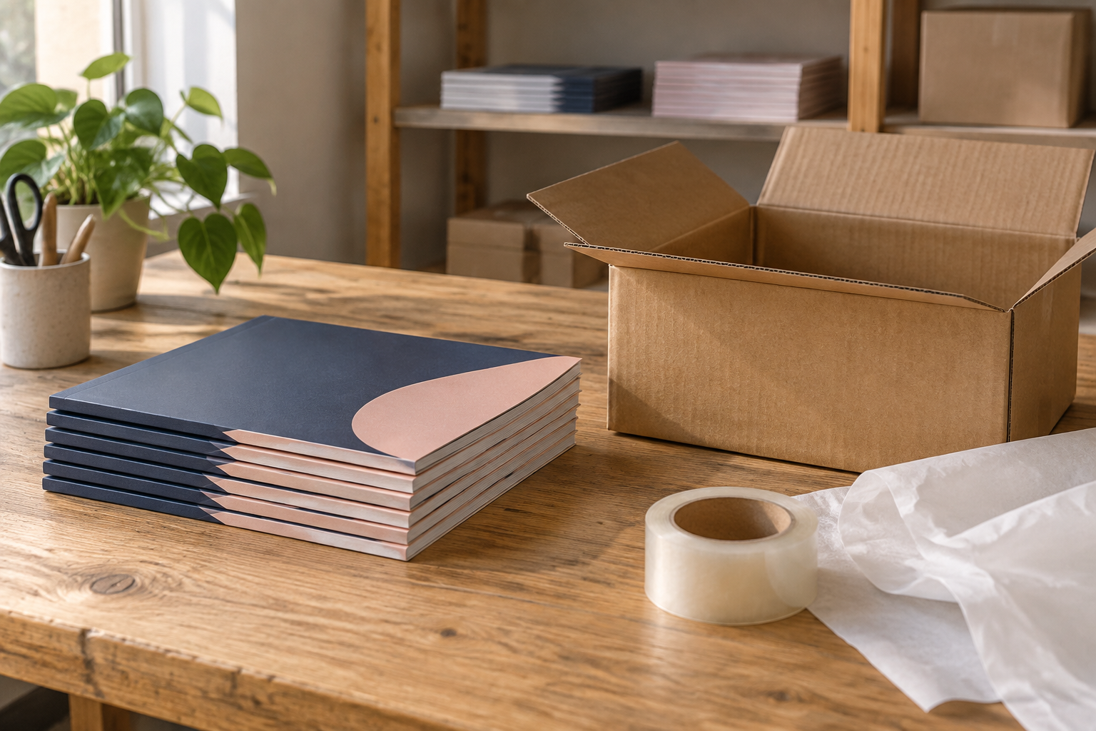 Illustrative packing scene with finished brochures and a plain shipping box