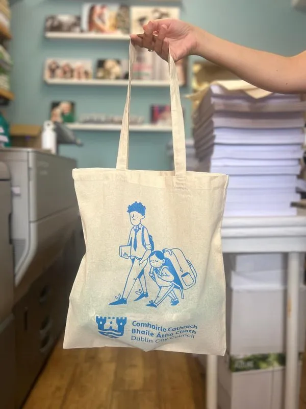 Cotton tote bag with a blue walking illustration for Dublin City Council active travel week - Print Ready