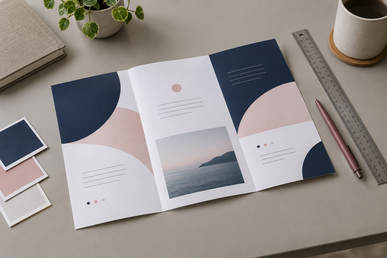Illustrative print preparation scene with an unfolded brochure, colour samples, ruler and pen